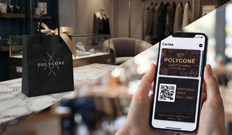 Un sac cadeau Polygone et une carte cadeau digitale dans le wallet d’un téléphone